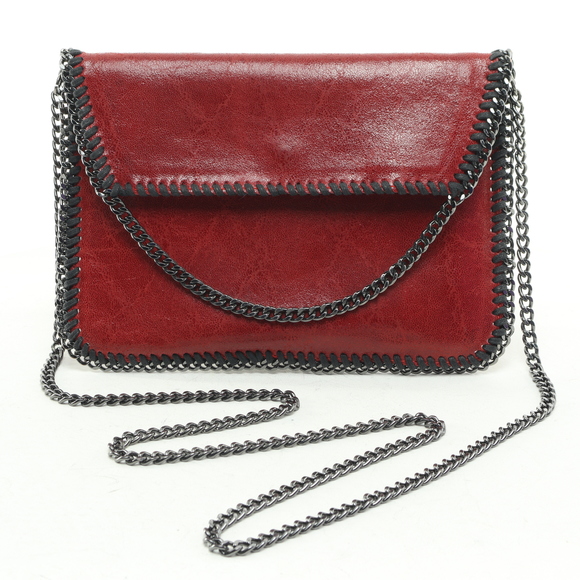 Vera Pelle Leather Chain Handle & Trim Purse Crossbody Bag 10x7x1 Red/Black - Picture 1 of 11